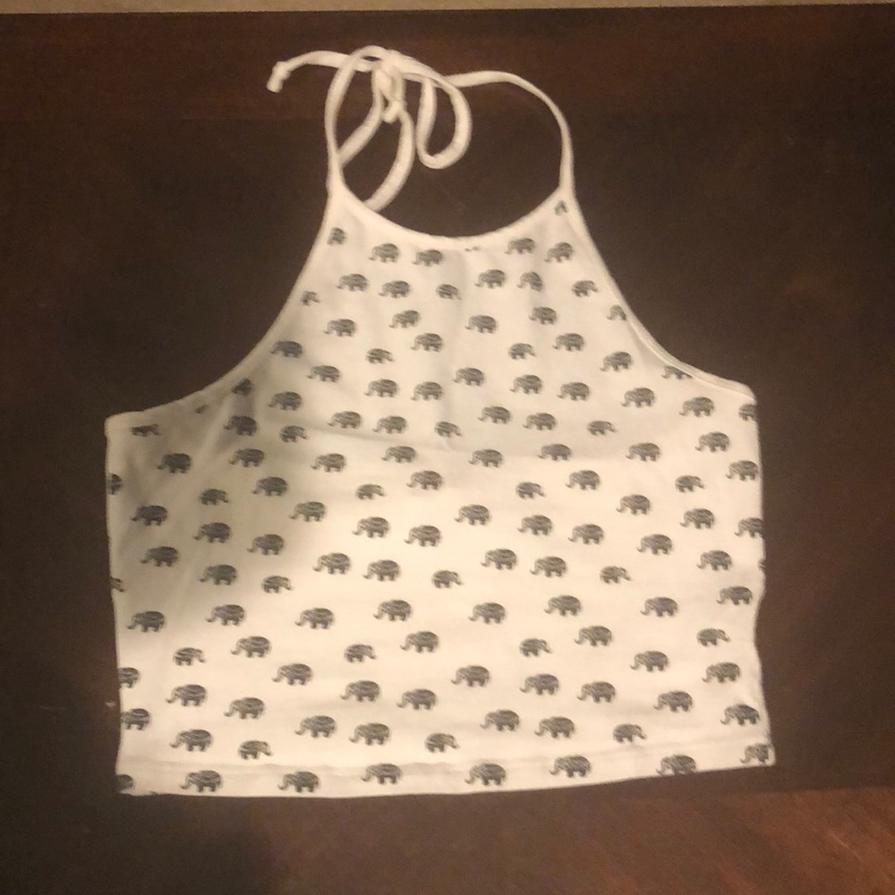 White cropped halter top with elephant print